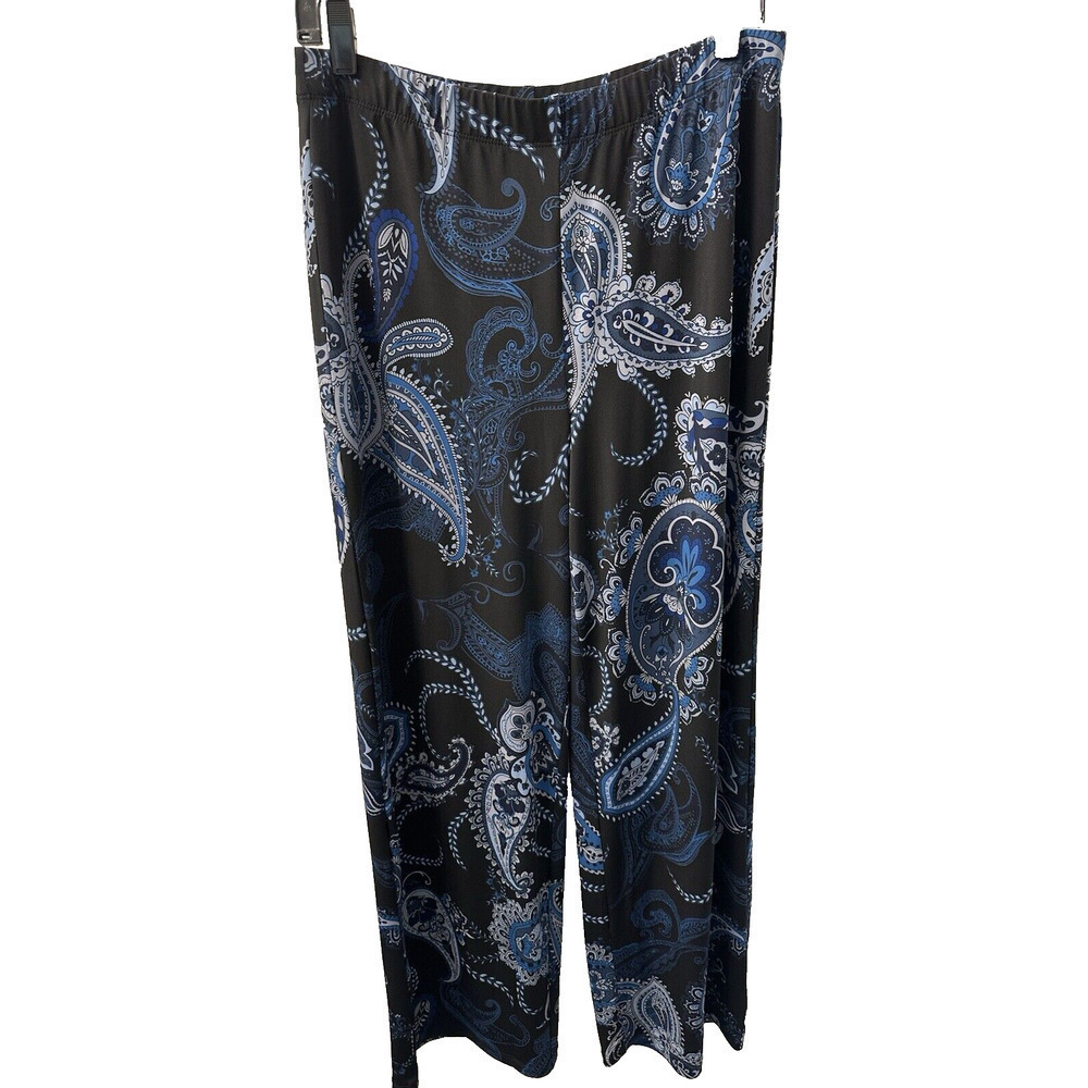 Womens Susan Graver Black Blue Paisley Vacation Boho Wideleg Pants, Size Small